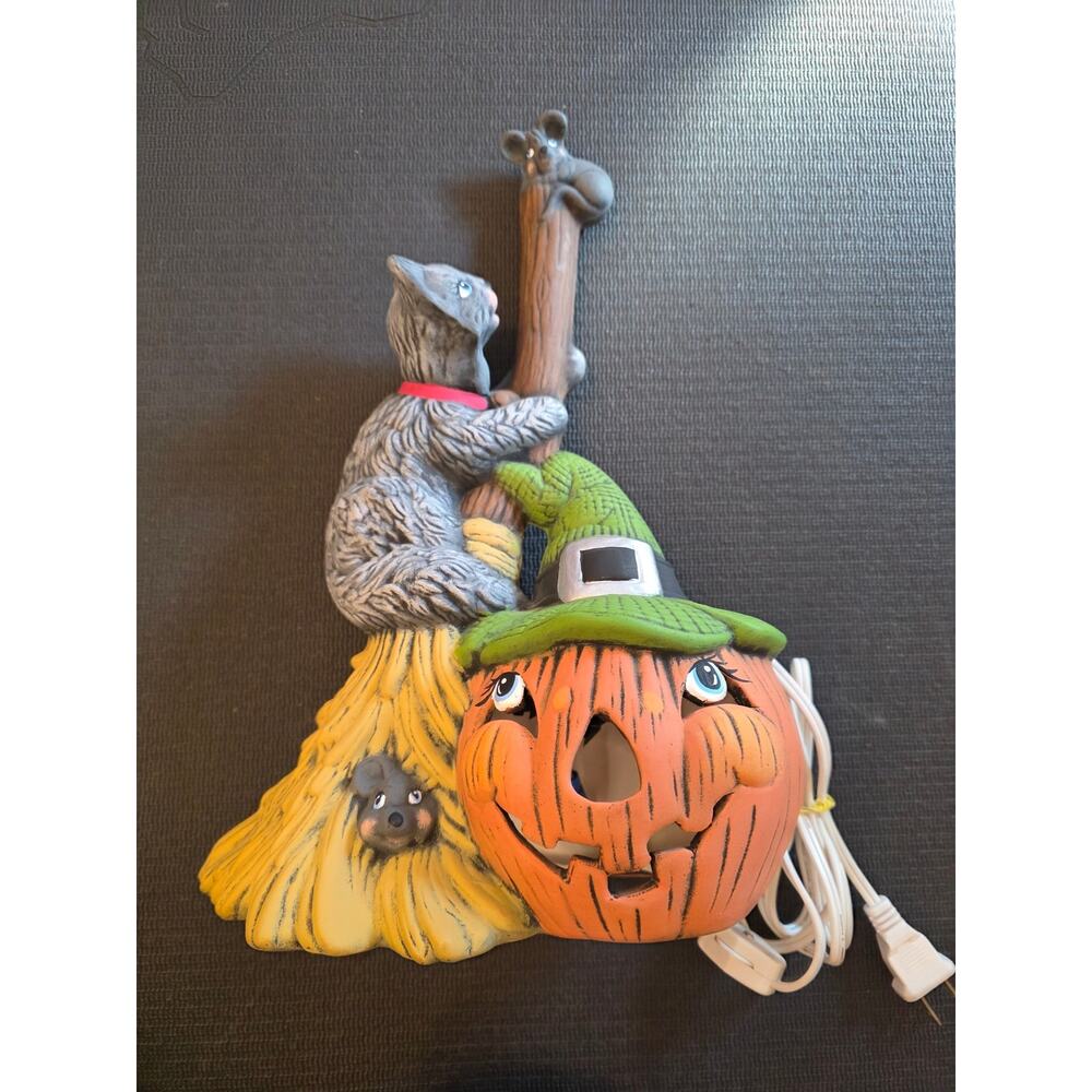Signed Anthropomorphic Jack o Lantern Witch's Broom Mouse Cat Ceramic Light Up